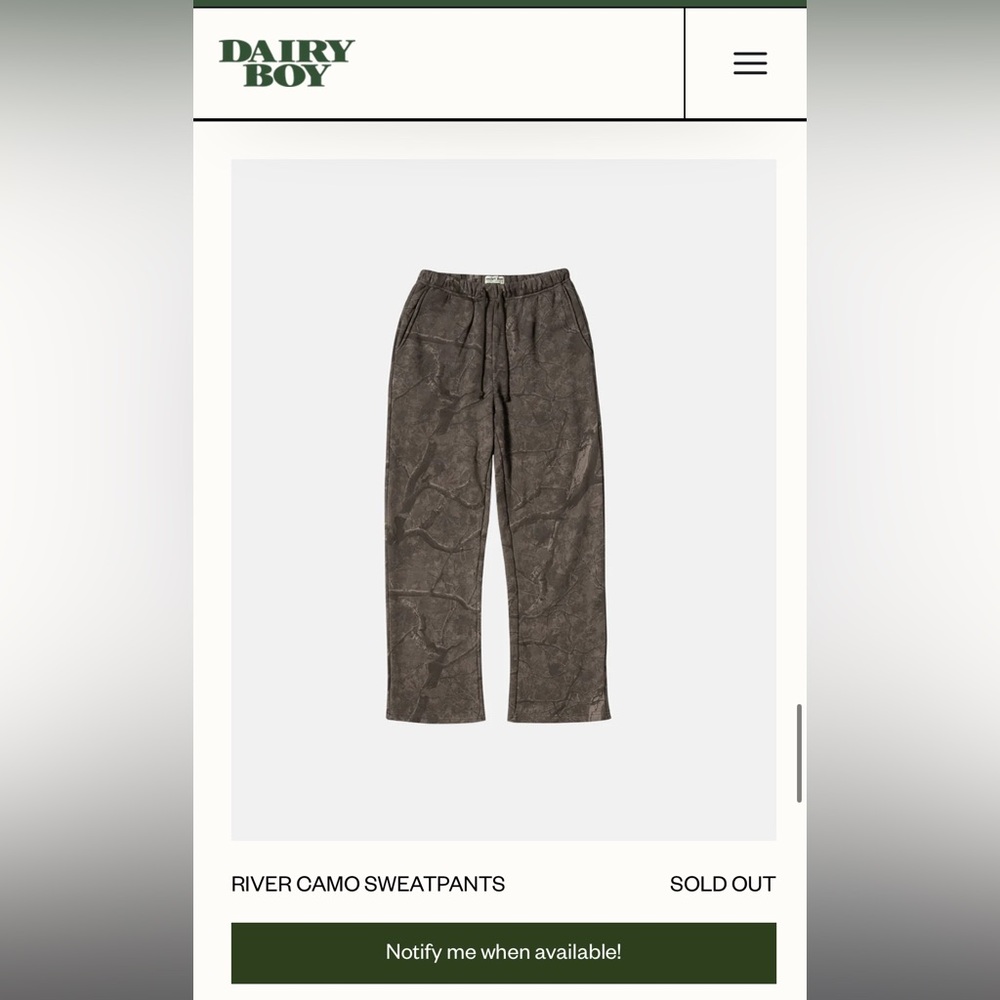 Dairy boy river camo sweatpants size xs brand new sold out